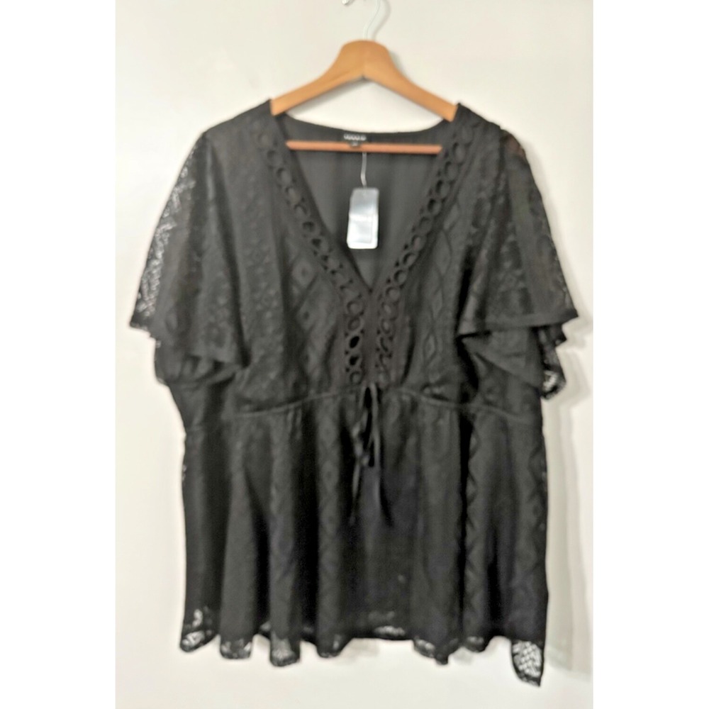 NWT Torrid Cotton‎ Lace Tie Front V Neck Blouse Top Black 3x 22-24 Fairy Goth